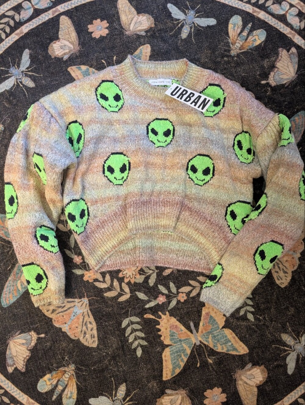 Urban Outfitters Multicolor Cropped Sweater with Neon Green Alien Motif